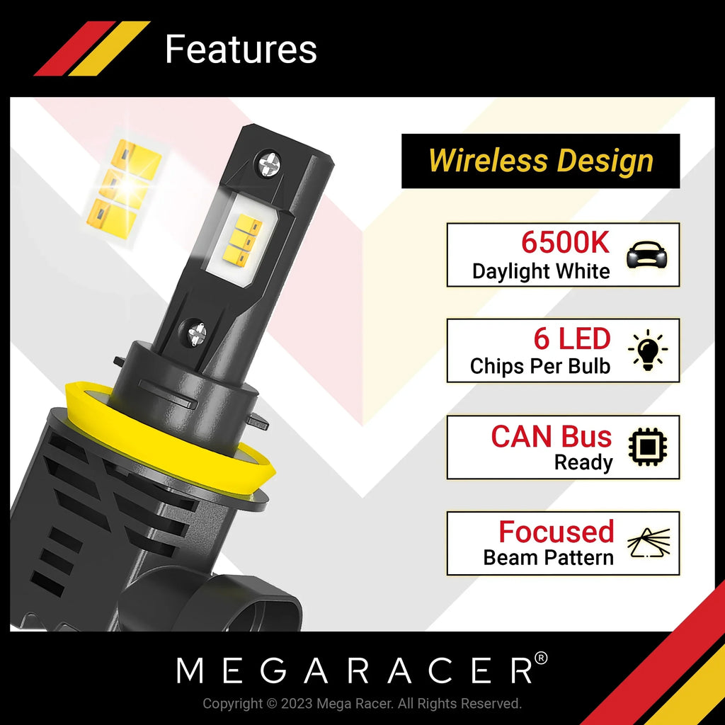 Mega Racer Ford Escape Wireless H11 H8 H9 H16 LED Headlight Bulbs 6500K Cool White 12V 50W 12000LM Ford Escape 2017 2018 2019 17 18 19 High/ Low Beam/ Fog Light Automotive Replacement