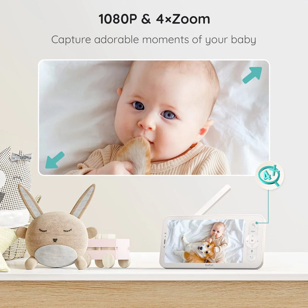 BOIFUN Video Baby Monitor with Remote Pan-Tilt-Zoom, 1080P, Motion Detection & Auto Track, 300M Long Range, APP, Night Vision, 5'' Smart Baby Monitor with Camera and Two-way Audio