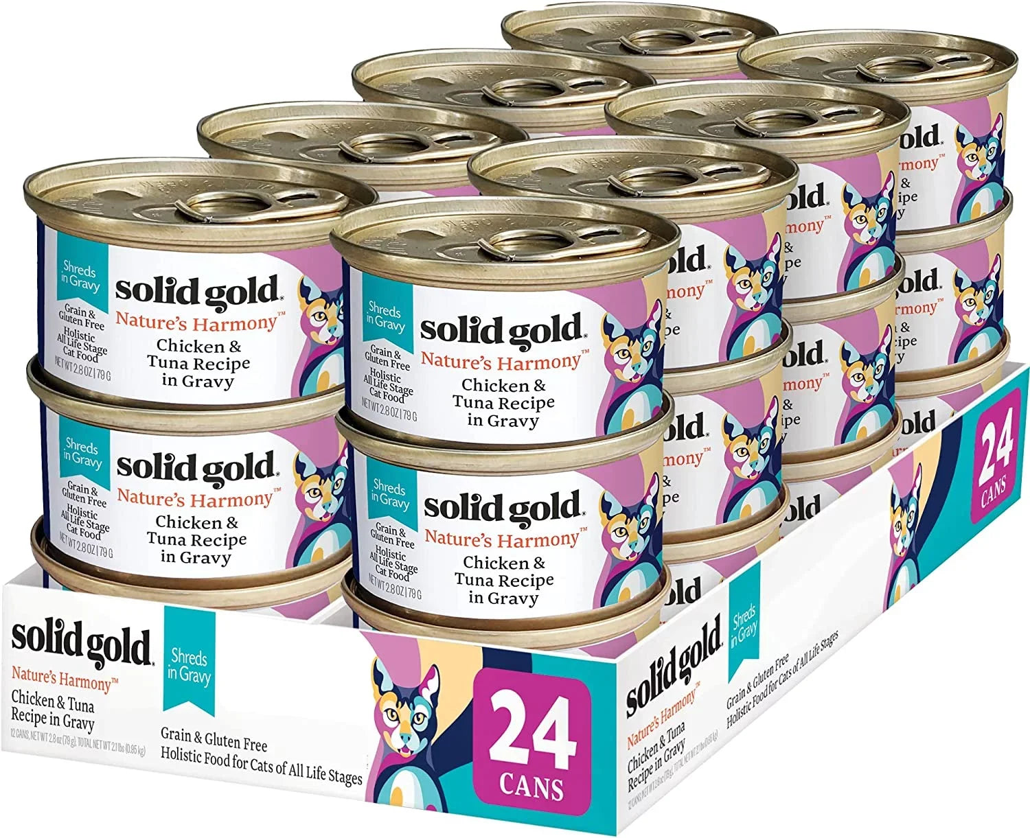 Solid Gold Canned Cat Food - Nature's Harmony Wet Cat Food Shreds in Gravy - Grain & Gluten Free Cat Wet Food Made with Real Chicken & Tuna for Sensitive Stomach Support & Digestive Health - 24 Pack