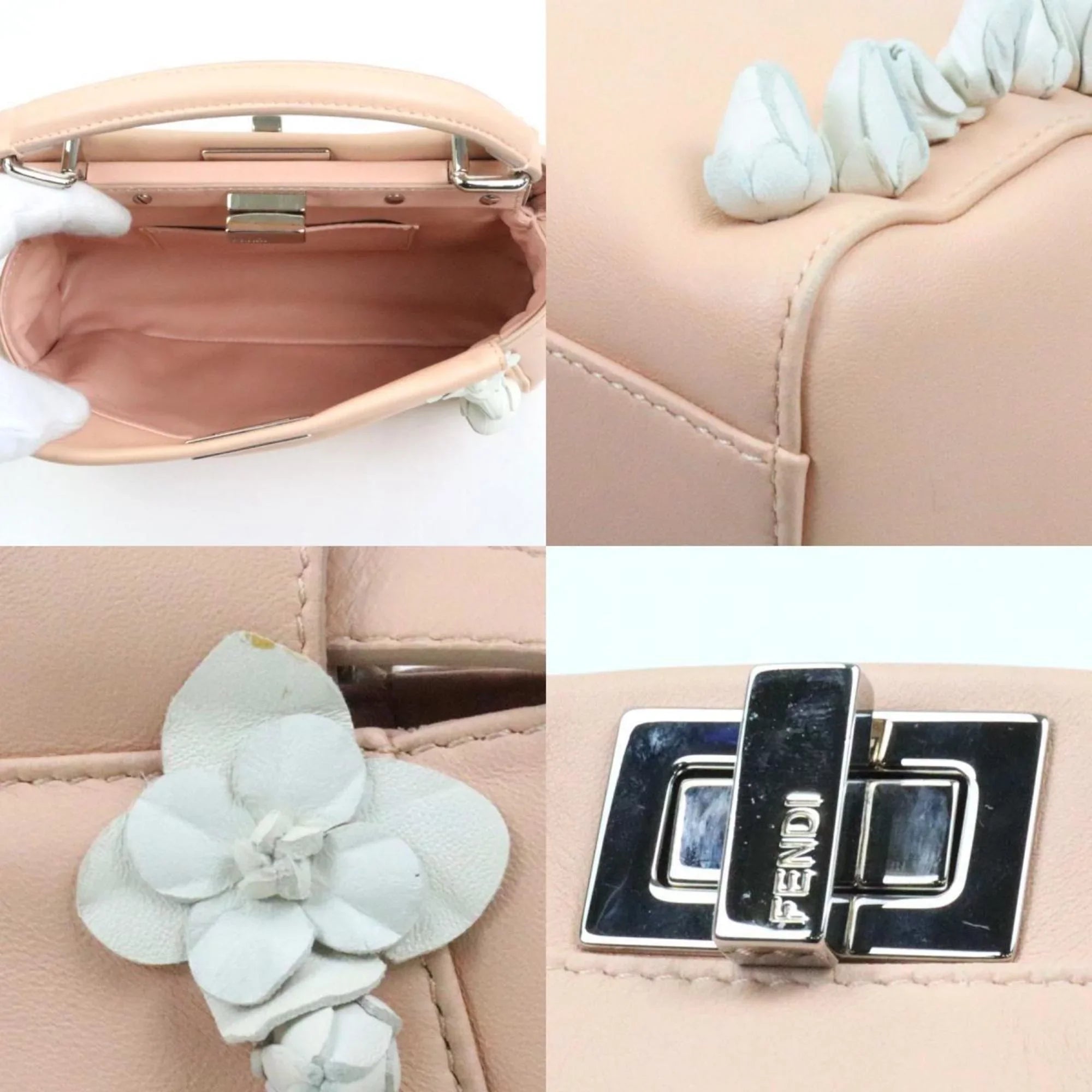 Pre-Owned Fendi FENDI Handbag Shoulder Bag Mini Peekaboo Leather Pink Beige/White Silver Women's (Good)