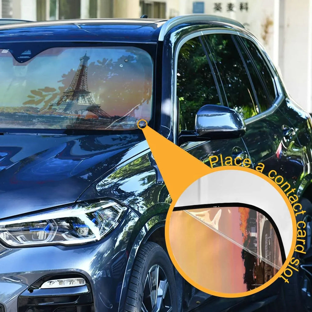 Wellsay Beautiful Paris Tower Car Windshield Sun Shade,oldable Visor Protector Keep Cool Sunshade Blocks UV Rays and Accessories to Protect for Cars,SUVs,Trucks-55×27.6in