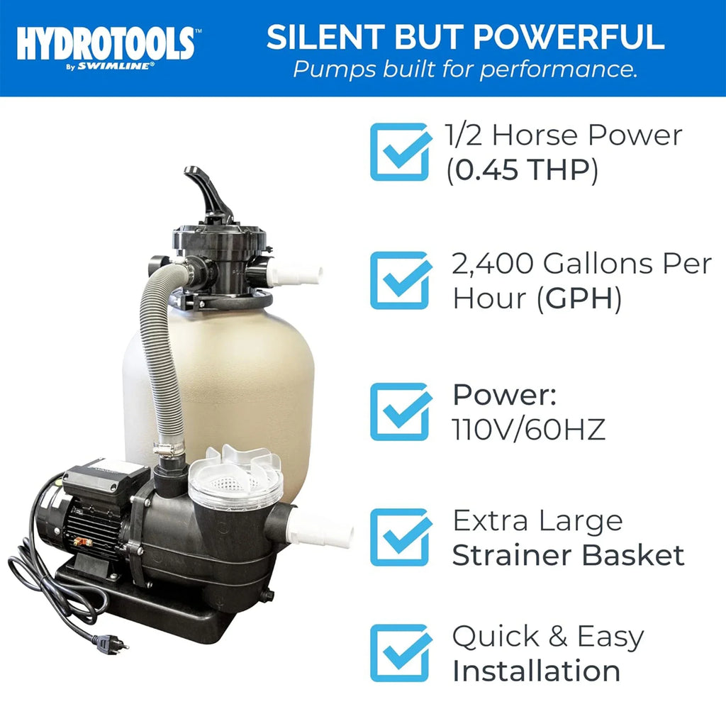 HYDROTOOLS By SWIMLINE 714061 Hydro-Flo 0.35 HP (0.45 THP) 2400 GPH ABOVE GROUND Powerful Pool Pump 1 Speed Extra Large Strainer Basket Vertical Discharge 115V Energy Saving Silent Noise DOE Certified