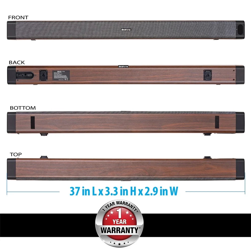Deco Gear SB200WOD 60W 2.0 Channel Soundbar with Built-in Dual Subwoofers and Four 2.5" Drivers Bundle with 1 Year Extended Guarantee