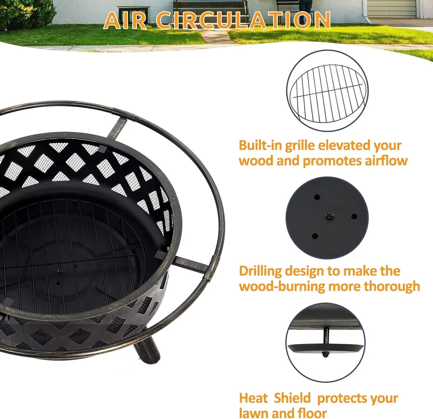 ECOPATIO Fire Pit for Outside, 30 Inch Large Outdoor Wood Burning Fire Pits, Patio Backyard Firepit with Steel BBQ Grill Cooking Grate, Spark Screen & Poker for Garden, Bonfire, Camping, Picnic