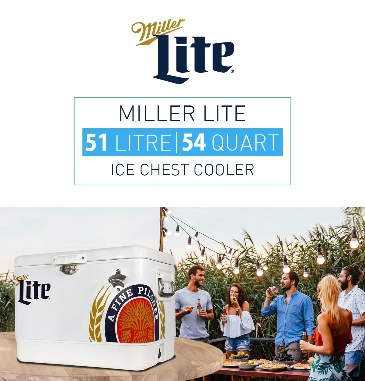 Miller Lite Ice Chest Beverage Cooler with Bottle Opener, 51L (54 QT), 85 Can steel-belted Portable Cooler, White and Blue, for Camping, Beach, RV, BBQs, Tailgating, Fishing