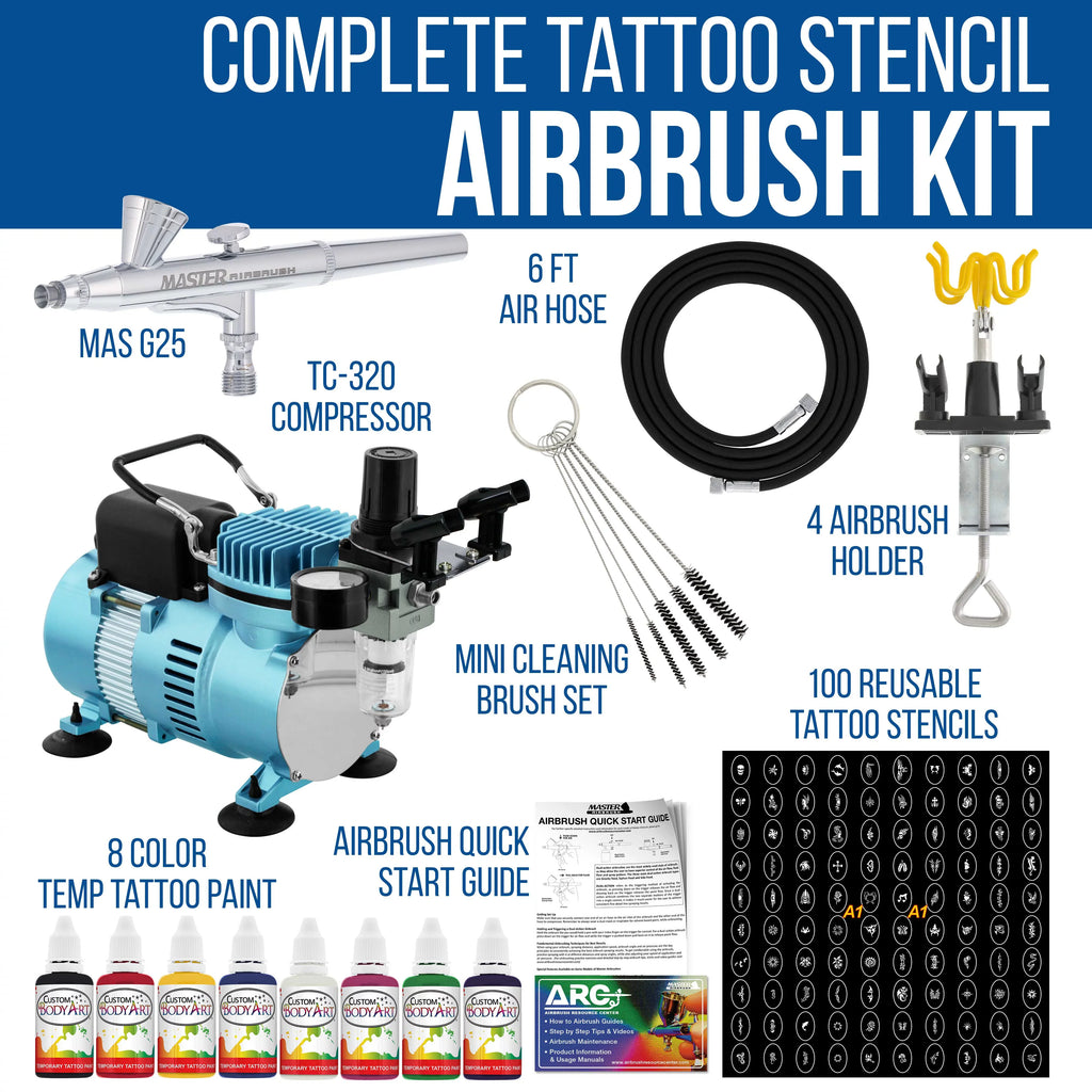 Master Airbrush Air Compressor Custom Body Art System Kit with Airbrush, 8 Color Temporary Tattoo Paint Set, 100 Stencil