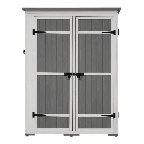 Outdoor 5.5ft Hx4.1ft L Wood Storage Shed, Garden Tool Cabinet with Waterproof Asphalt Roof, Four Lockable Doors, Multiple-tier Shelves, White and Gray
