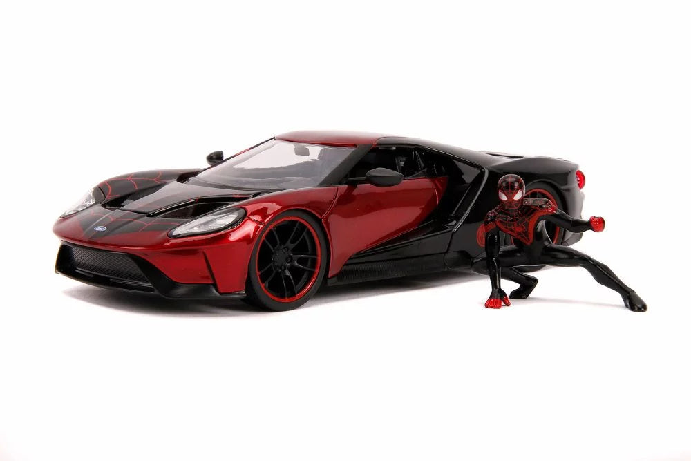 Diecast Car w/Screen Case - 2007 Ford GT with Miles Morales Spider Man Figure, Red and Black - Jada 31190/4 - 1/24 Scale Diecast Model Toy Car