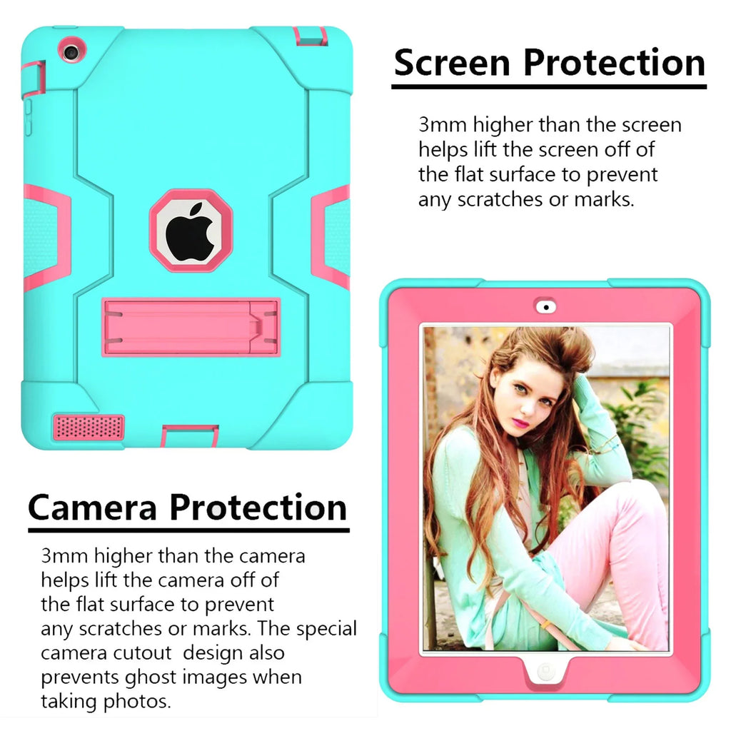 iPad 2 Case,iPad 3 Case,iPad 4 Case, Allytech Three Layer Shockproof Armor Defender Protective Case Cover with Kickstand for iPad 2nd Gen / iPad 3rd Gen / iPad 4th Generation (Aqua/Rosegold)