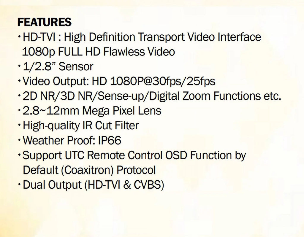 Eyemax TIR-1412V-B HD-TVI 2MP Outdoor Bullet Camera, 2.8-12mm, 42 IR LED 12V DC, Sense-up
