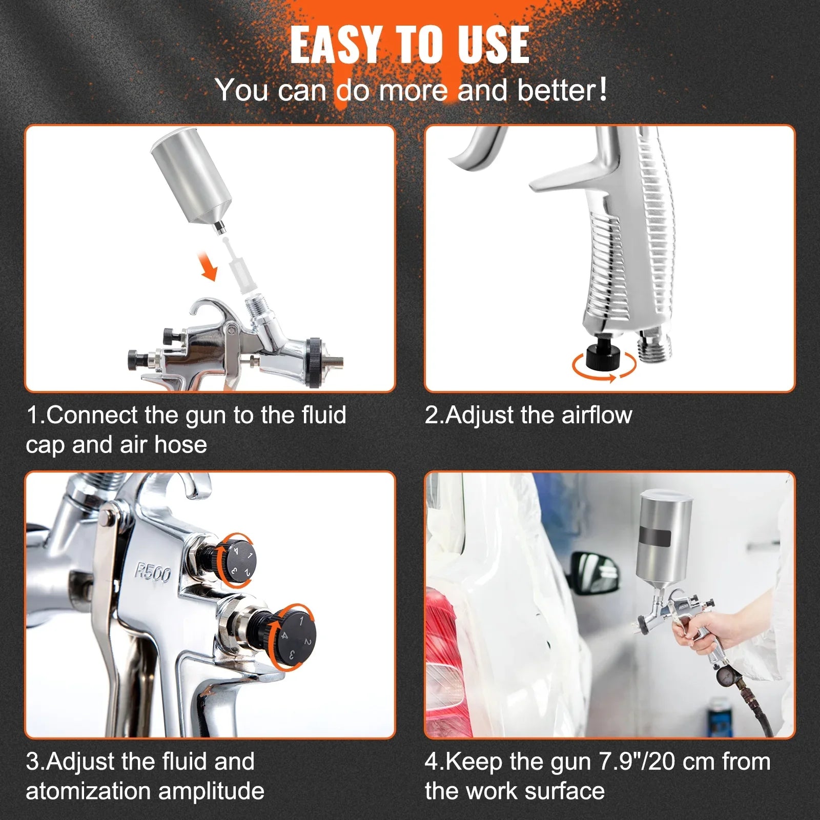 SKYSHALO HVLP Spray Gun, High Performance Automotive Gravity Feed Spray Gun with 1.3mm 1.4mm 1.8mm Stainless Steel Nozzles, 1000cc Aluminum Cup for Auto Paint, Primer, Clear/Top Coat & Touch-Up
