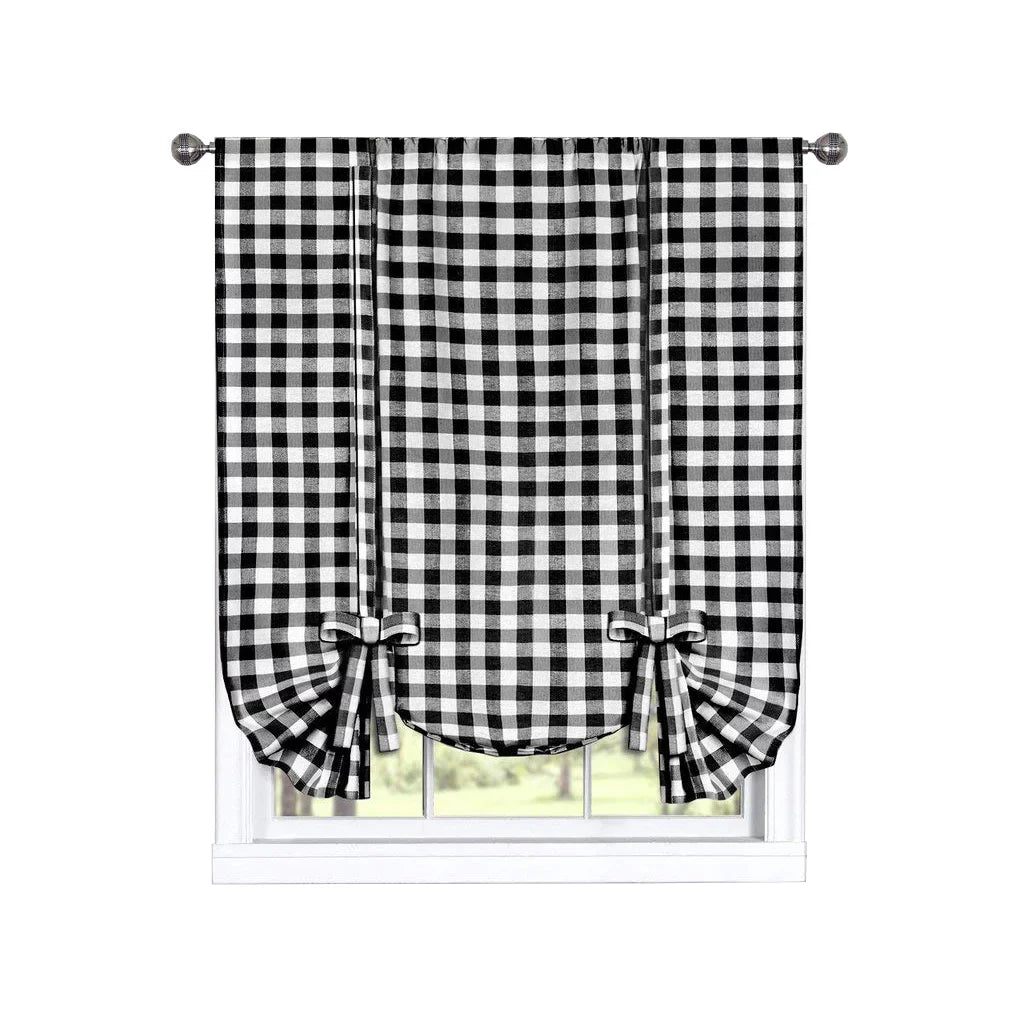Country Chic Plaid Gingham Tie Up Shade Window Curtain Treatment - Black