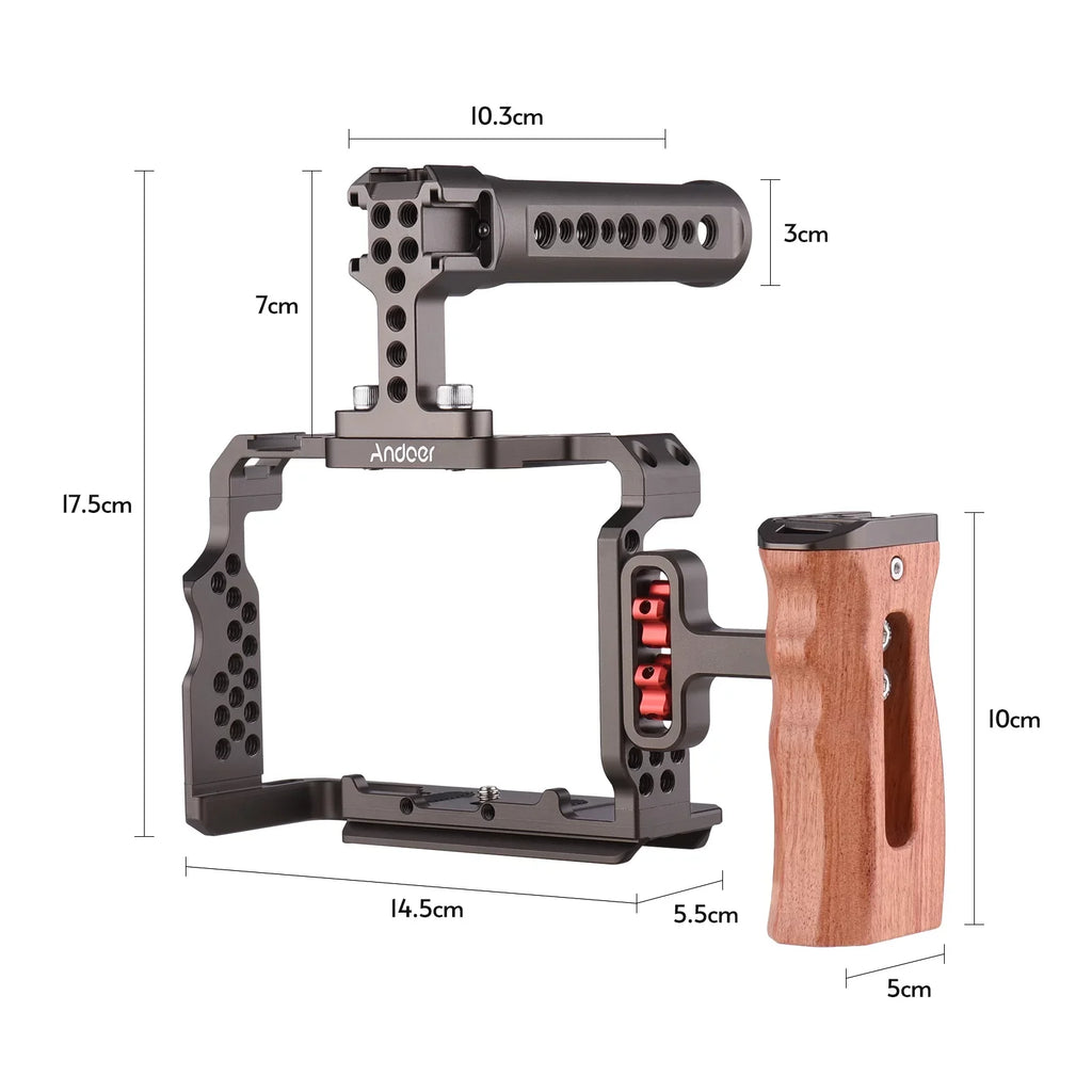 Andoer Aluminum Alloy Camera Cage Kit with Video Rig Handle Wooden Grip Replacement for Sony A7R III/ A7 II/ A7III