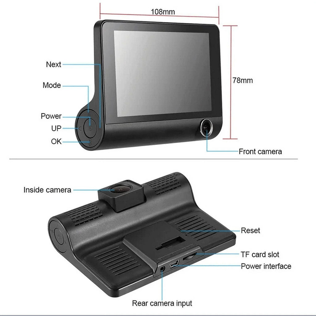 XBTCLXEBCO 4" 3 Lens HD 1080P Car DVR Rearview Video Dash Cam Recorder Camera G-sensor