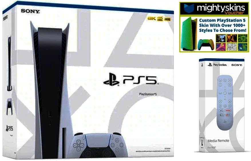 Sony PlayStation 5 Disk Console Bundle With PS5 Media Remote & MightySkins Custom PS5 Skin Voucher Limited Edition Bundle