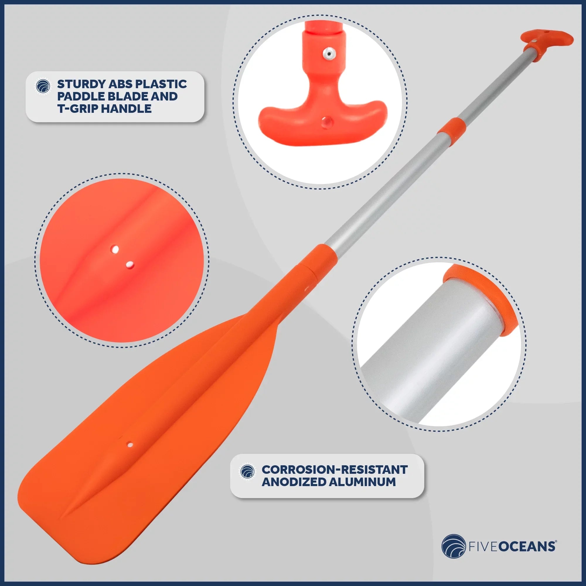 Five Oceans Emergency Telescoping Paddle, Boat Paddles, Floating Orange Paddle, Extends from 21" to 42", Compact Design for Easy Storage, Strong Anodized Aluminum Shaft - FO2898