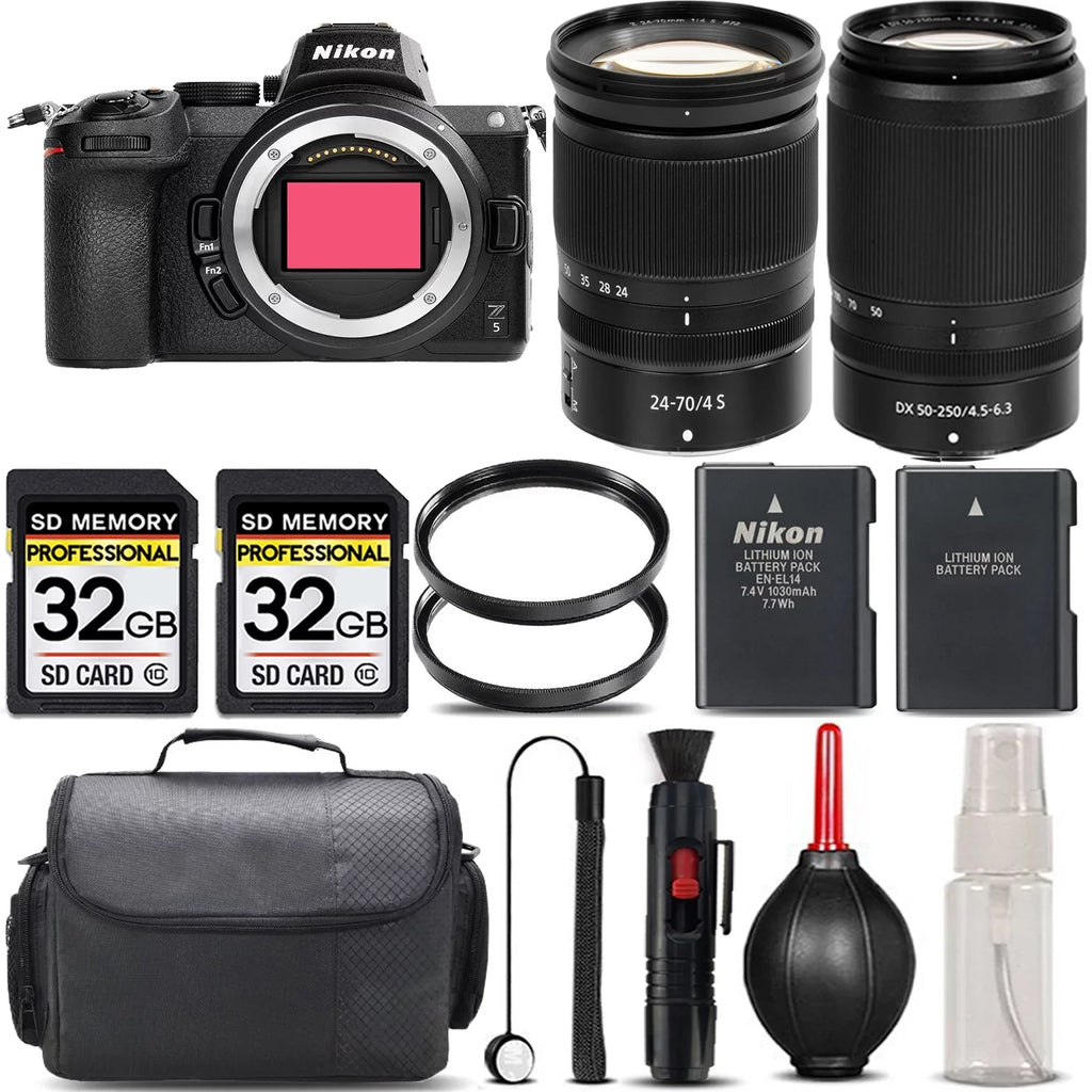 Nikon Z5 Mirrorless with 50-250mm f/4.5-6.3 VR Lens + 24-70mm f/4 S Lens + 64GB Storage + UV Filter + Backup Battery + Case + Cleaning Kit - International Version