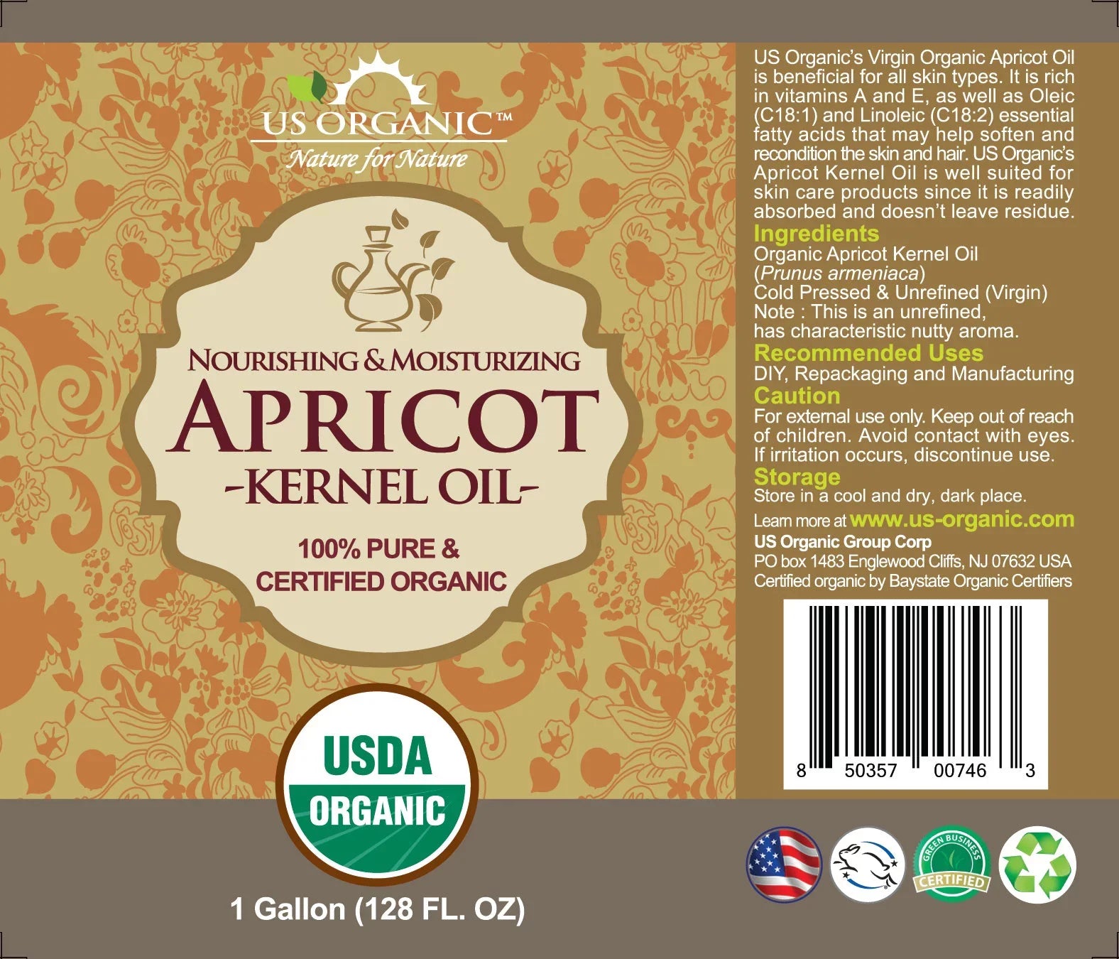 US Organic  Apricot Kernel Oil, 100% Pure Certified USDA Organic, 128 oz (1 Gallon)