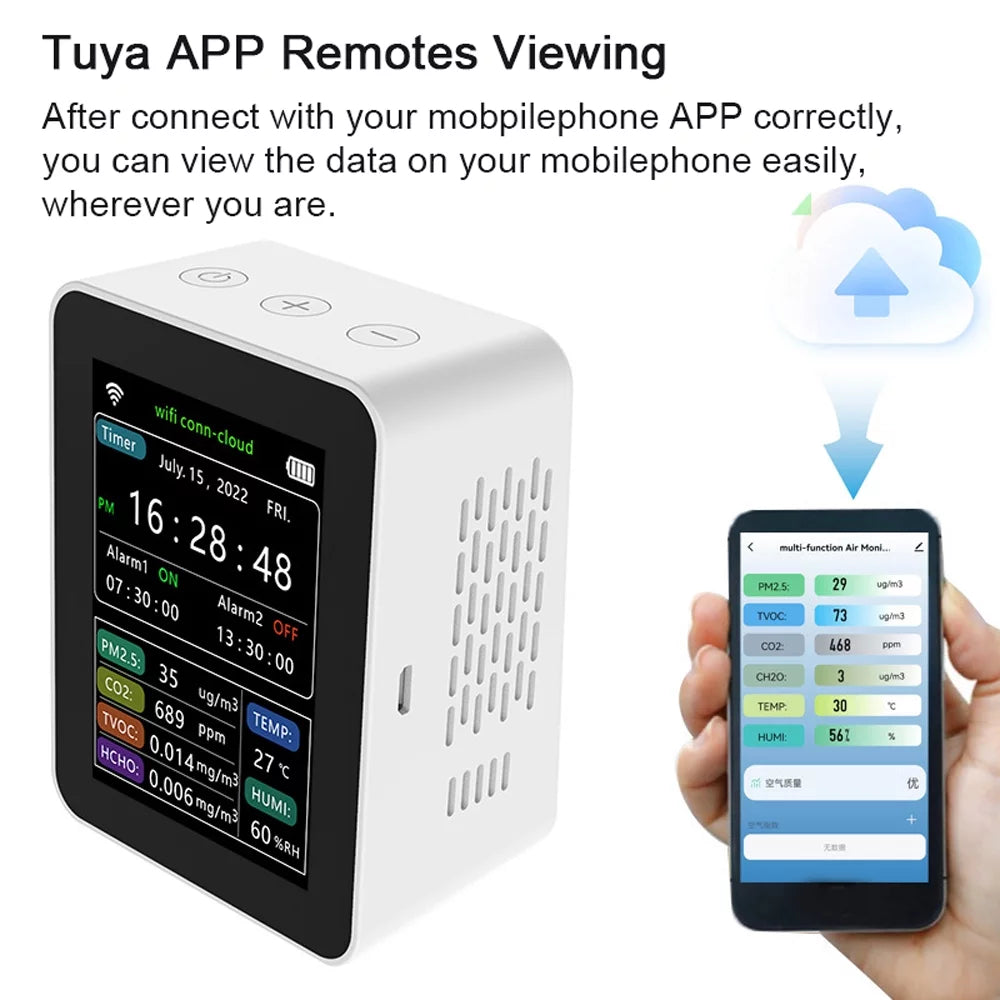 Wifi Intelligent Air Quality Detector Pm2.5 Co2 Tvoc Hcho Temperature Humidity 6 In 1 Detector Time Date Week Monitor Mobilephone App Remotes Viewing 2 Sets Alarm Clock Home Indoor Desk