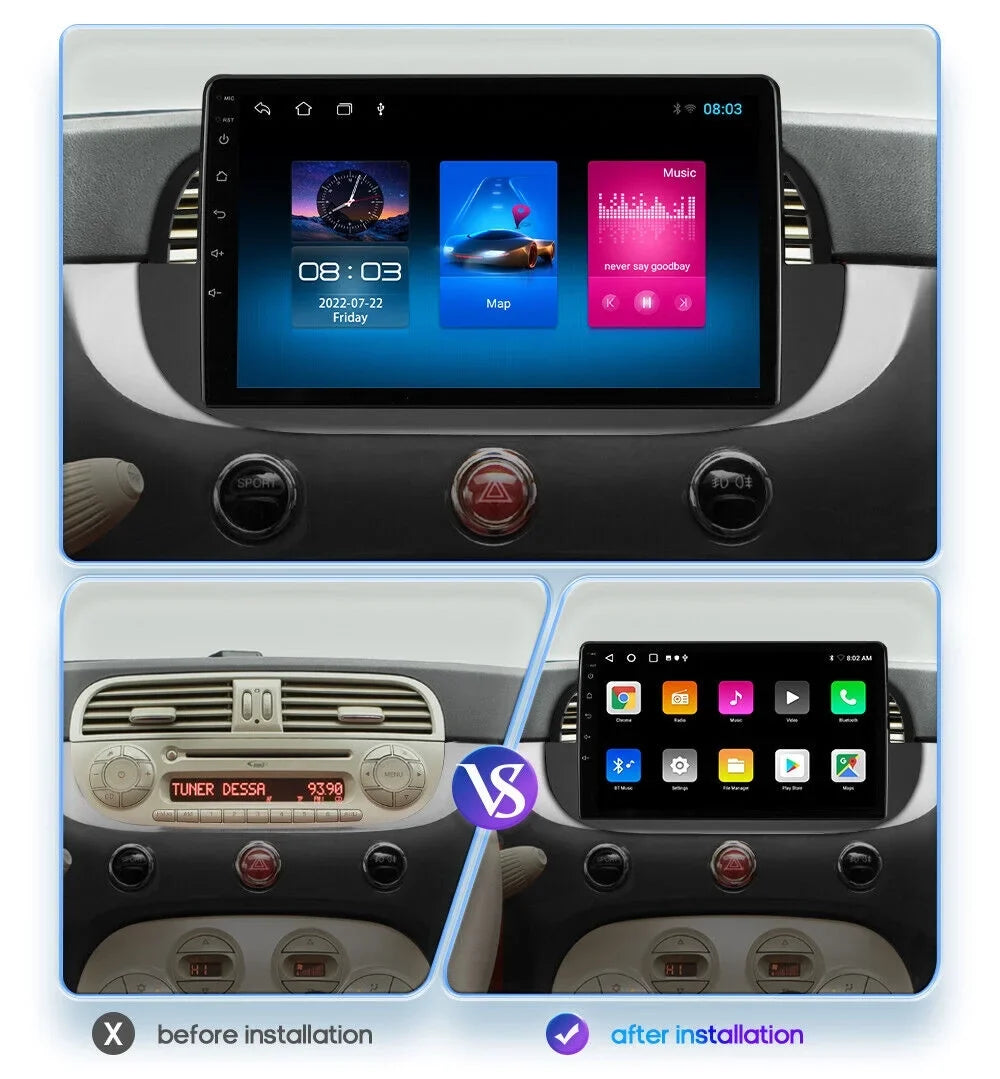 For Fiat 500 2007-2015 9" Car GPS WIFI Navigation Radio Stereo DSP Android Auto Carplay 3+32GB AHD Backup Camera