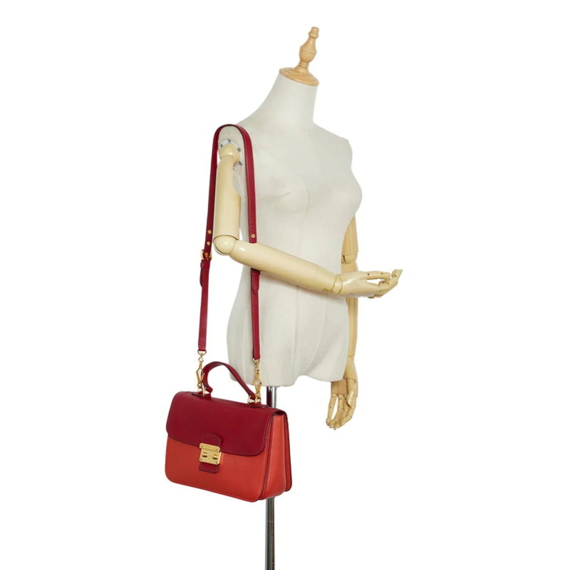 Pre-Owned Miu Miu Miu Madras Bicolor Handbag Shoulder Bag RN0726 Orange Red Leather Ladies MIUMIU (Good)