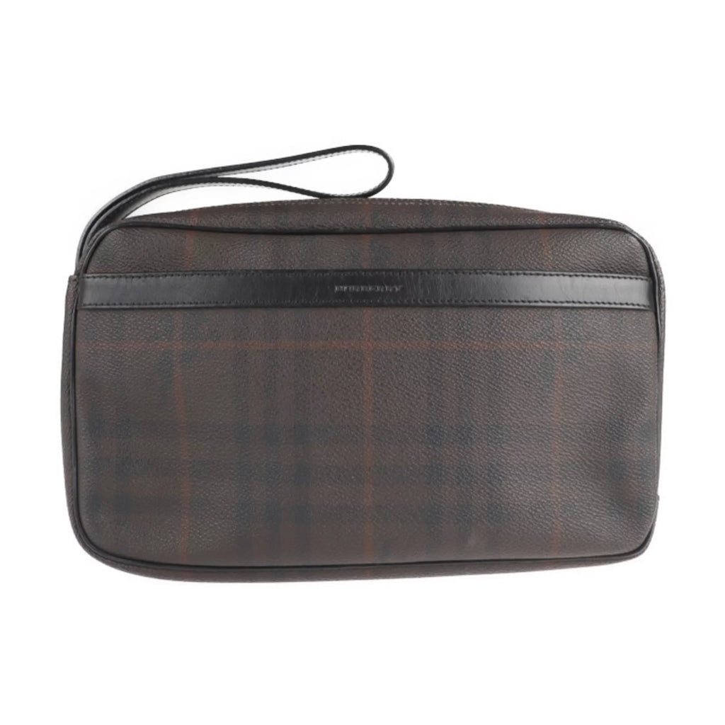 Pre-Owned BURBERRY Burberry Second Bag PVC Leather Dark Brown Plaid Clutch (Good)