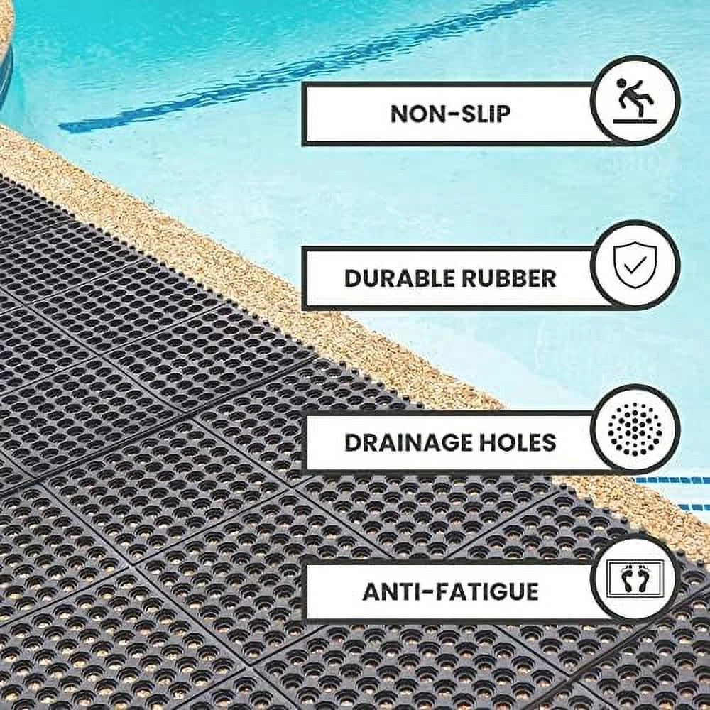 Interlocking Rubber Floor Mat For Restaurant Kitchen Floor Anti Fatigue Bar Door Mat Non-Slip Indoor Outdoor Shower Pool Drainage, Durable Garage Flooring 36 X 36 Inch