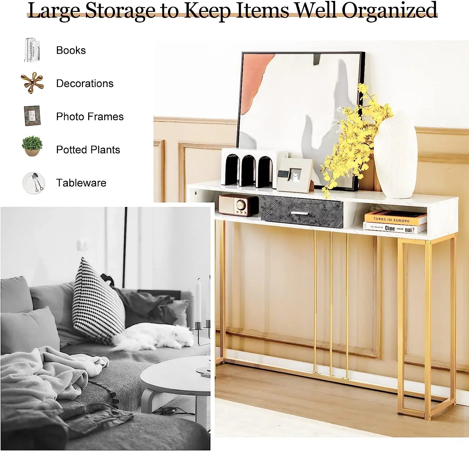 NLTBONNIE Console Table with Drawer - Sofa  with Anti-Toppling Device &amp; Adjustable Foot Pads  Faux Marble Foyer Table for Hallway  Entryway  Living Room  Dining Room &amp; Kitchen Ent