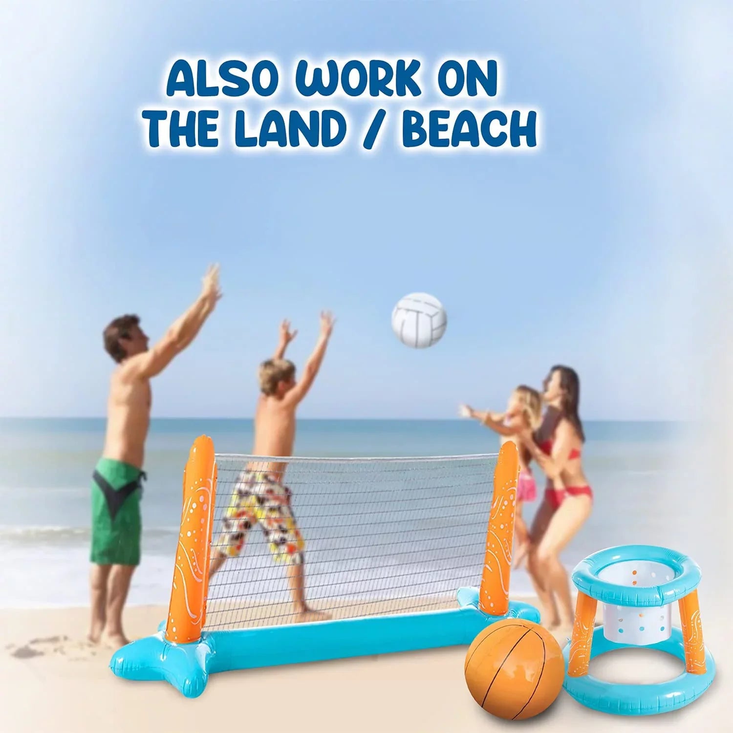 Clover Larger Pool Volleyball Set & Basketball Hoop, Pool Volleyball Net for Inground Balls & Weight Bags, Pool Toys Game for Kids Teens and Adults | Light Blue