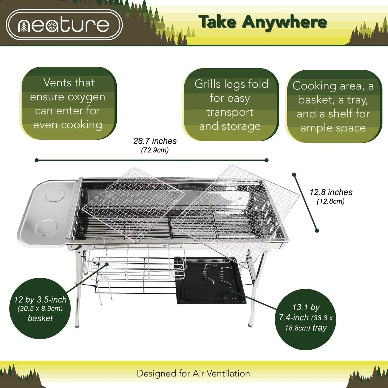Neature Portable Charcoal Grill for Camping - 26.8in Tall Foldable BBQ Grill