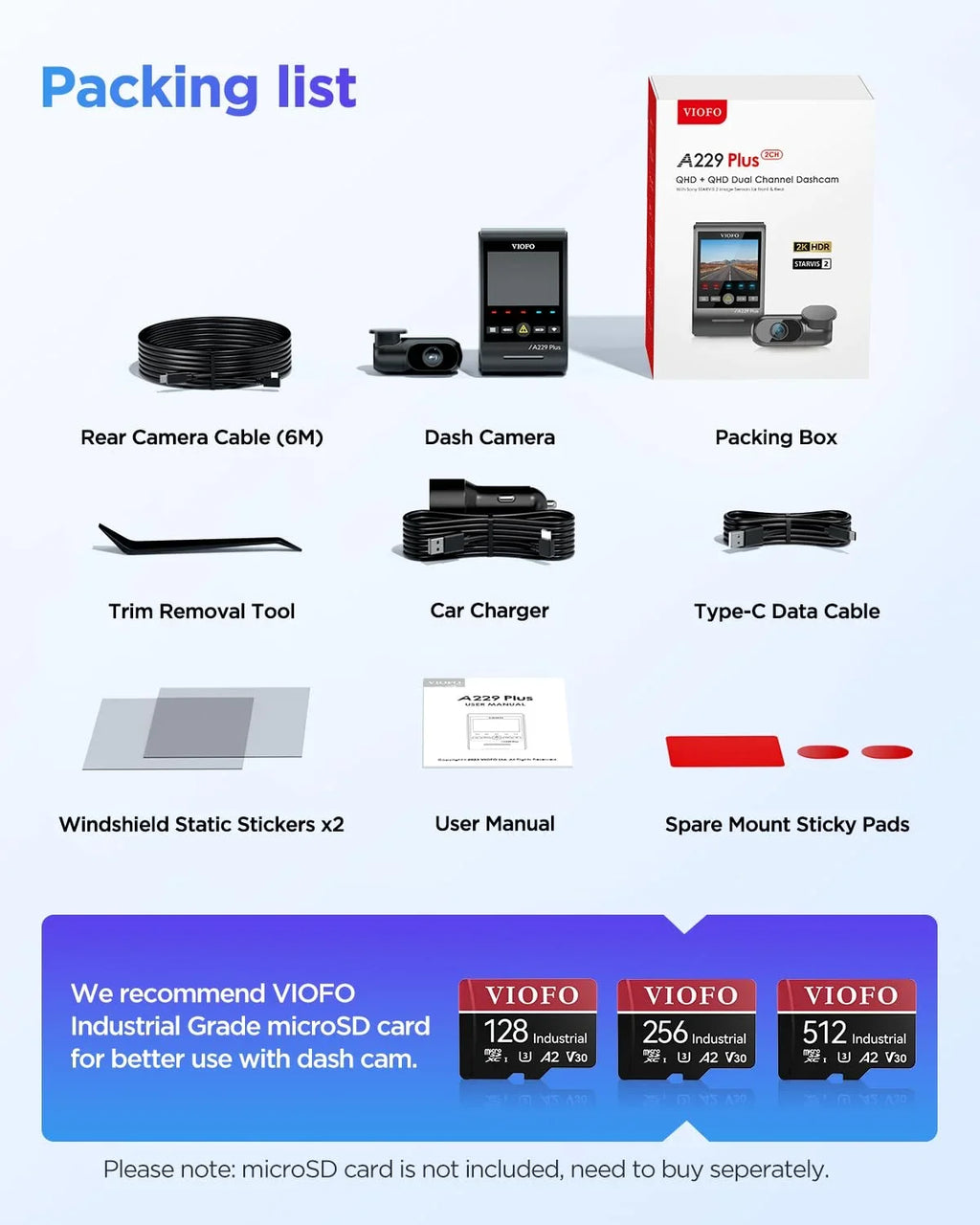VIOFO A229 Plus 2CH Dashcam with GPS, Dual STARVIS 2 Sensors, 1440P+1440P Front Rear 1.87 lb Camera