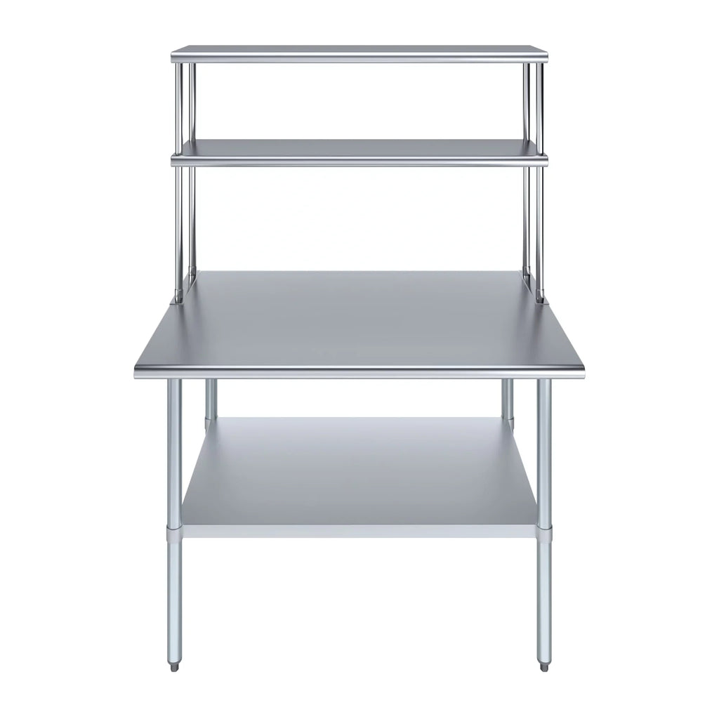 AmGood 30" x 48" Stainless Steel Work Table With 12" Wide Double Tier Overshelf | Metal Kitchen Prep Table & Shelving Combo