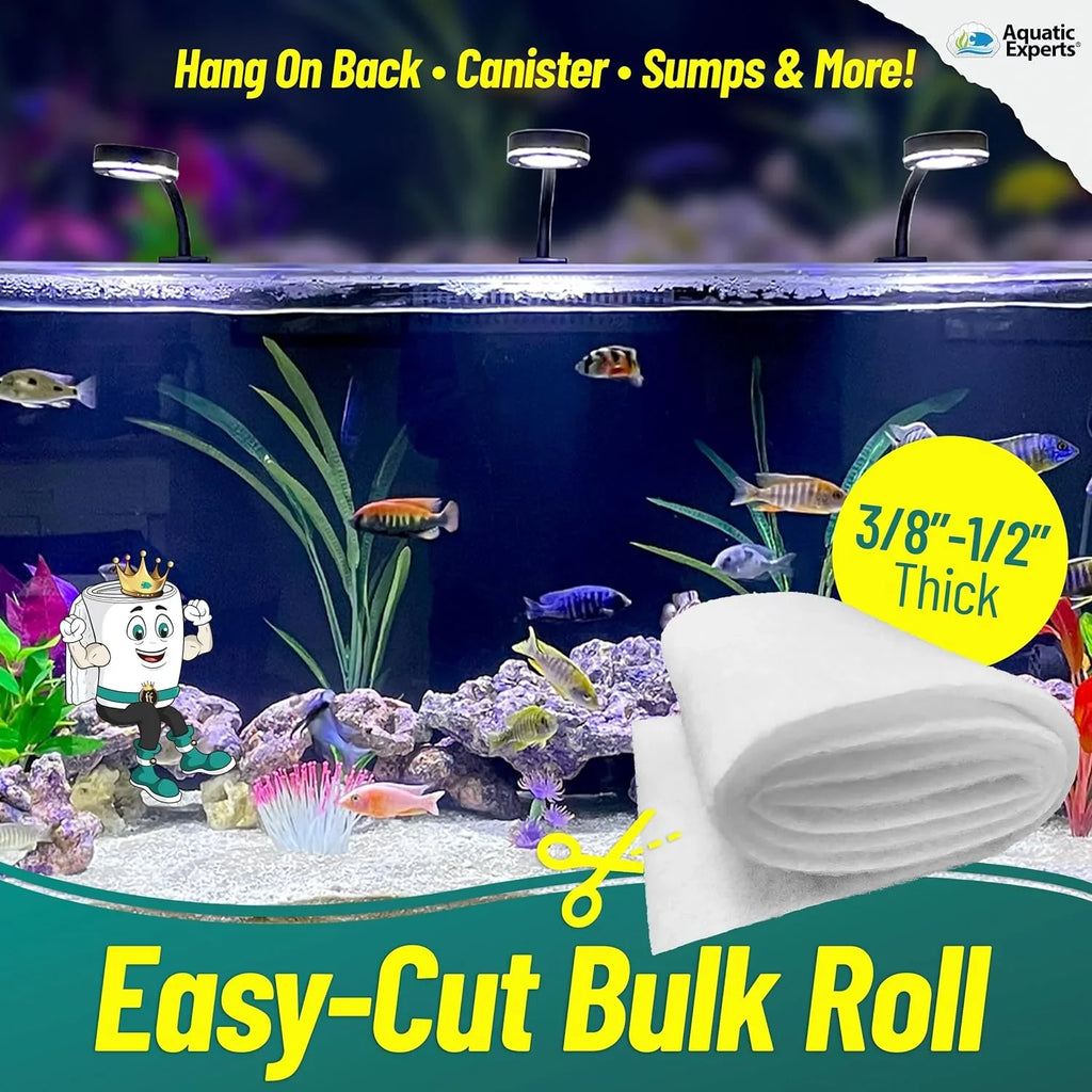Aquatic Experts Aquarium Filter Pad, FilterFirst Aquarium Filter Media Roll for Crystal Clear Water - Filter Floss for Fish Tank Filters, 12 by 72 by ⅜ Inch to ½ Inch Thick
