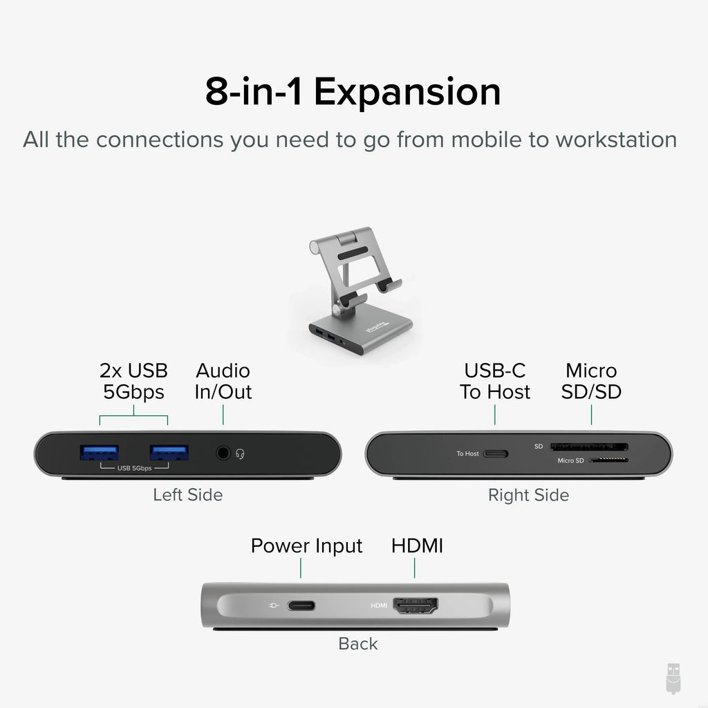 Plugable 8-in-1 USB C Docking Station for iPad with Stand, 100W Pass-through Charging USB-C Hub, 1x HDMI, 2x USB, Audio, and SD, Compatible with Windows, iPadOS, USB-C Phones, and Tablets