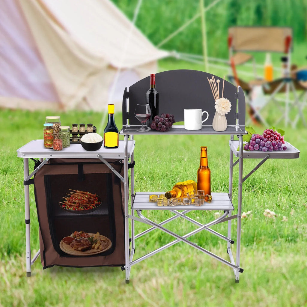 Miumaeov Portable Camping Kitchen Table Picnic Cabinet Folding BBQ Table Storage Rack