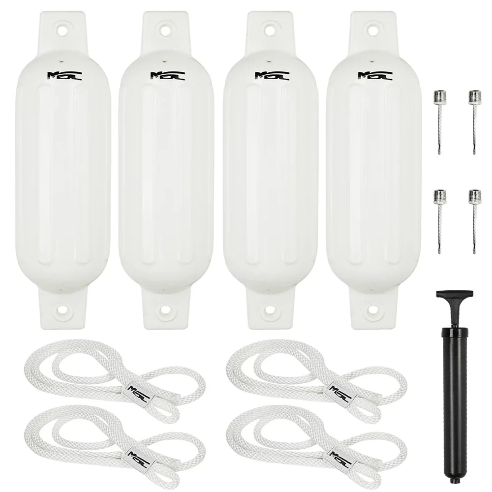 MSC Vinyl Ribbed Boat Fenders Bumpers (White, 4.5" x 16"), 4 Fenders including fender lines and inflators