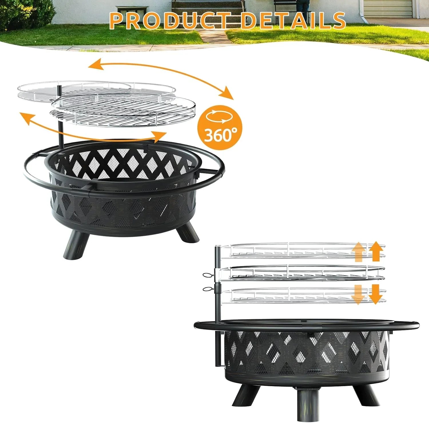 ECOPATIO Fire Pit for Outside, 30 Inch Large Outdoor Wood Burning Fire Pits, Patio Backyard Firepit with Steel BBQ Grill Cooking Grate, Spark Screen & Poker for Garden, Bonfire, Camping, Picnic