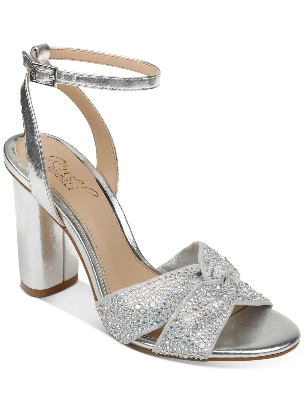 JEWEL BADGLEY MISCHKA Womens Silver Padded Metallic Rhinestone Twisted Strap Adjustable Strap Ankle Strap Nicoline Round Toe Block Heel Buckle Dress Heeled Sandal 7.5 M