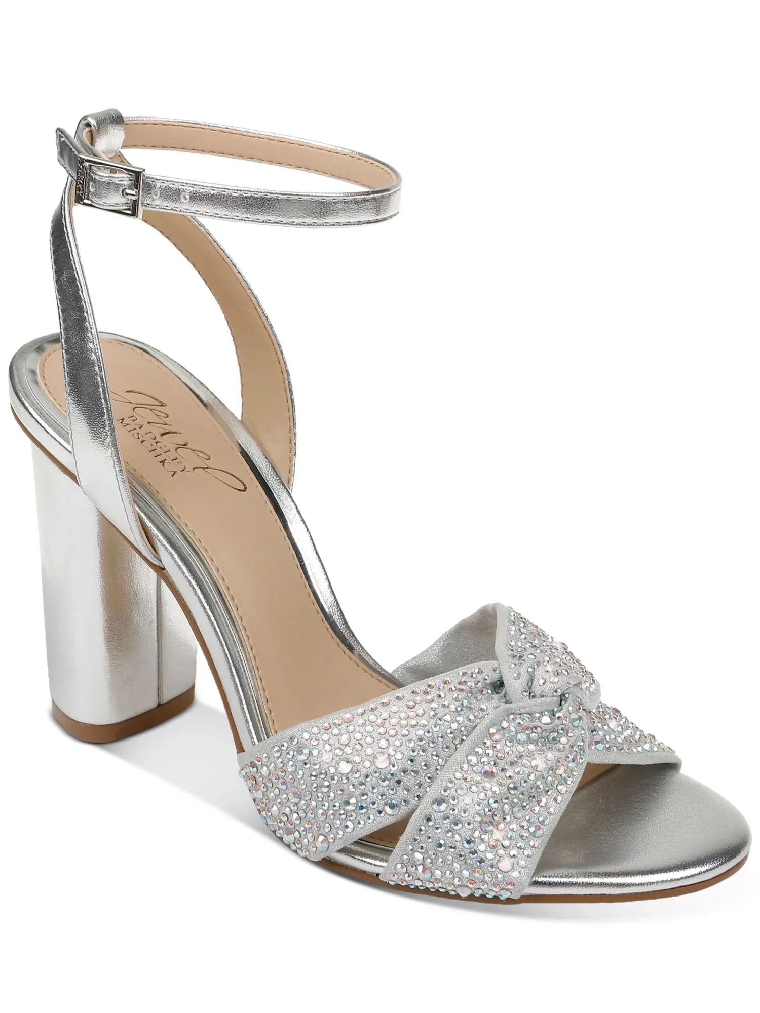 JEWEL BADGLEY MISCHKA Womens Silver Padded Metallic Rhinestone Twisted Strap Adjustable Strap Ankle Strap Nicoline Round Toe Block Heel Buckle Dress Heeled Sandal 7.5 M