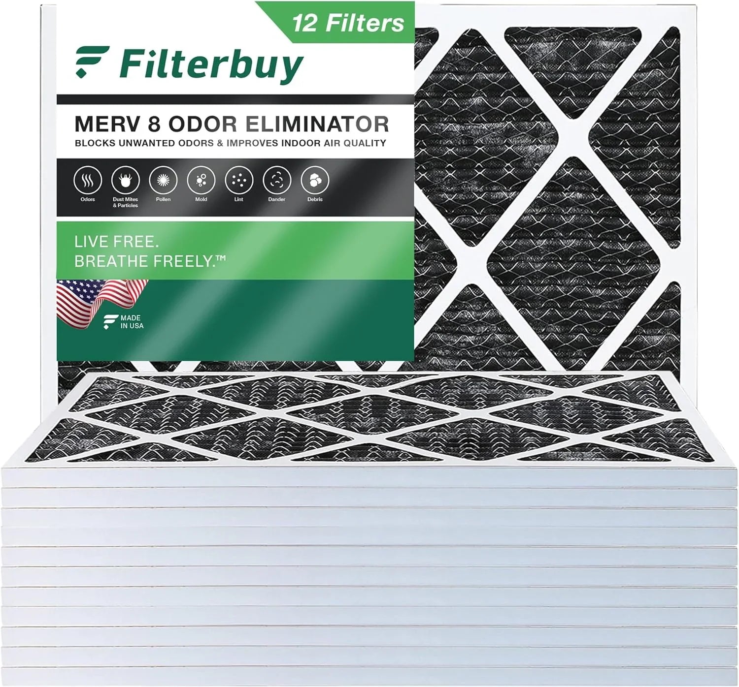 Filterbuy 24x30x1 MERV 8 Odor Eliminator Pleated HVAC AC Furnace Air Filters with Activated Carbon (12-Pack)