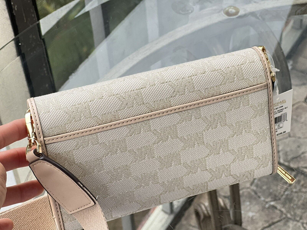 Michael Kors Jet Set LG Zip Around Wallet Crossbody Bag MK Gold Glitter Natural