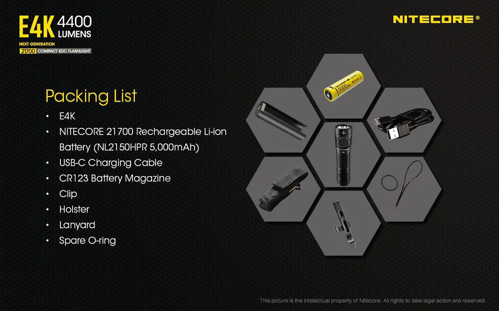 Combo: NITECORE E4K Next generation Flashlight - 4400 Lumens w/NL2150HPi  and  NL2150HPR Batteries +UMS2 Intelligent Charger  and  Eco-Sensa USB Cord