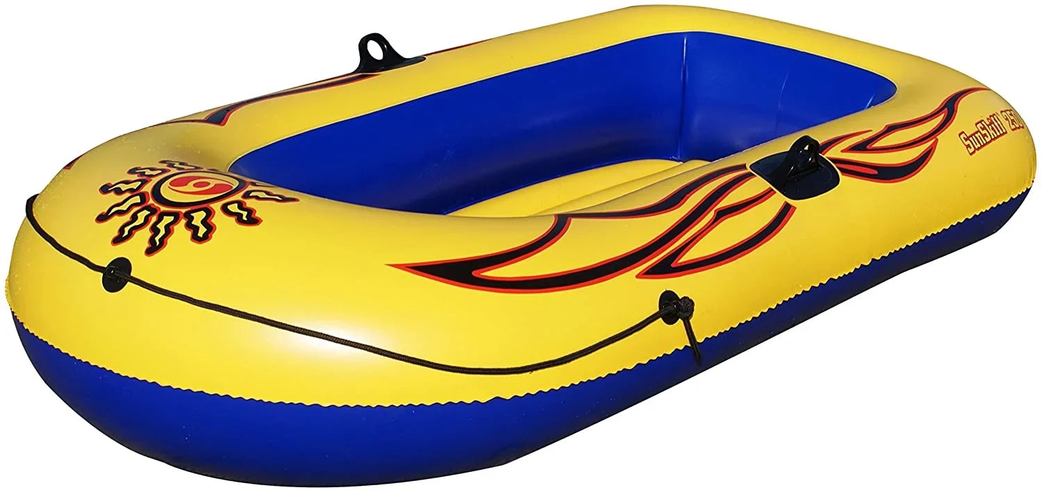 SOLSTICE Inflatable Boat Rafts 2 Person for Adults & Kids Comes W/ Pole Oar Holders Cushioned Comfortable Base Grab Line 6 Ft Size Sunskiff Kits Dinghy Air Floor Yellow
