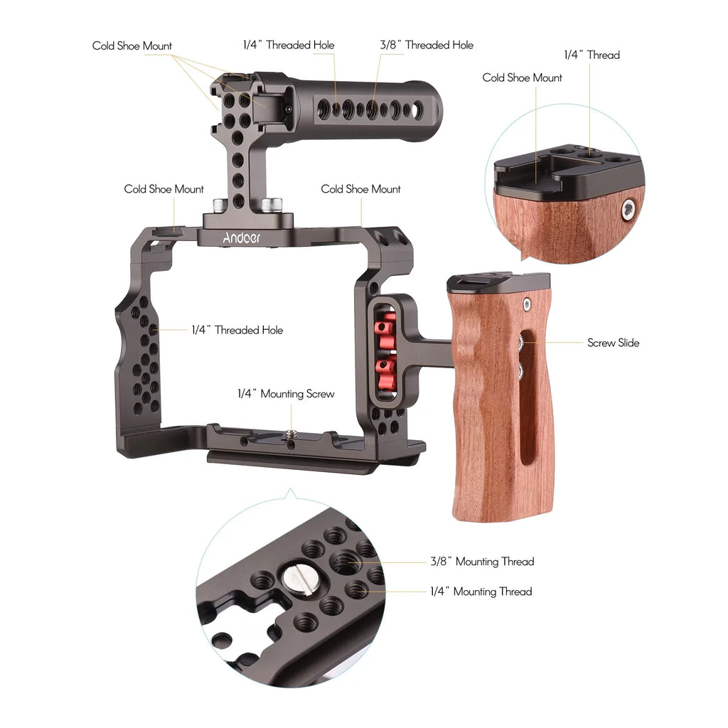 Andoer Aluminum Alloy Camera Cage Kit with Video Rig Handle Wooden Grip Replacement for Sony A7R III/ A7 II/ A7III