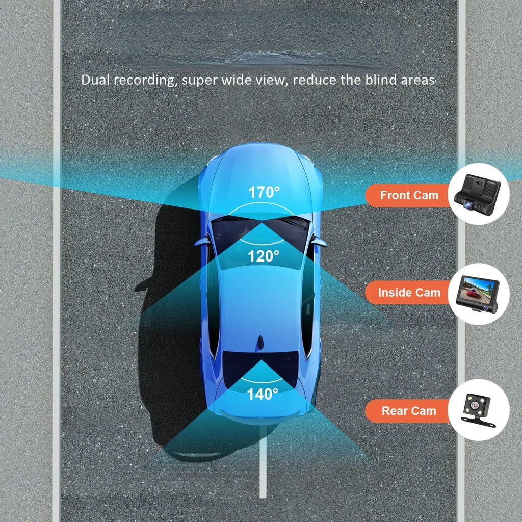 Cheefull  Wide Angle Dash Cam 4 Inch 3 Cameras Wide Angle Night Vision Loop Recording Car Driving Recorder Backup Camera