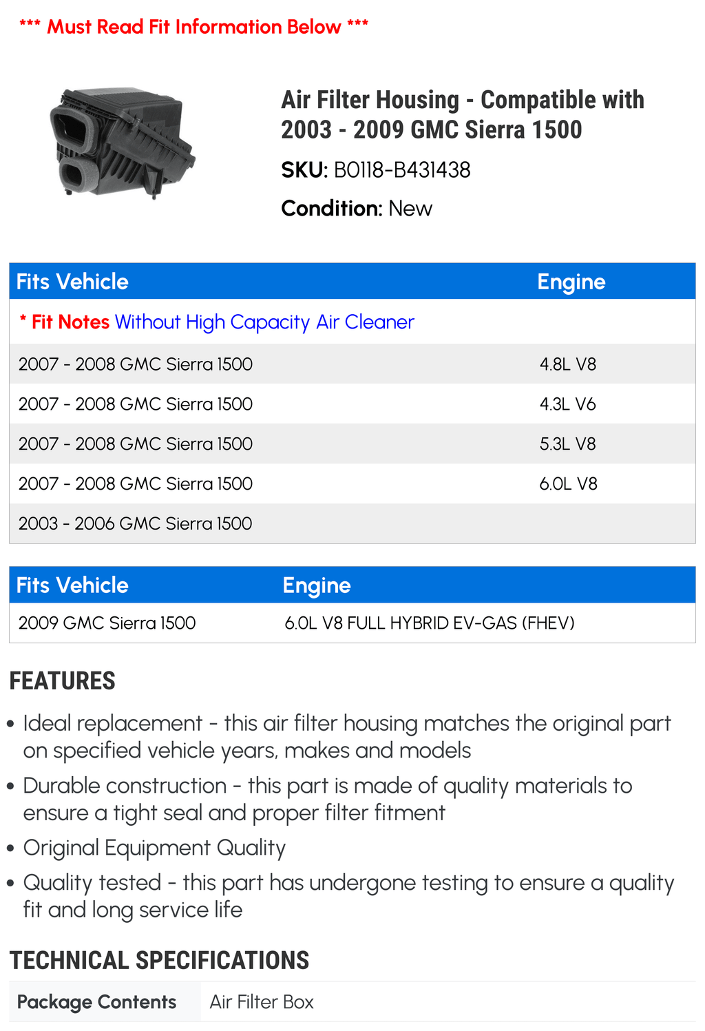 Air Filter Housing - Compatible with 2003 - 2009 GMC Sierra 1500 2004 2005 2006 2007 2008