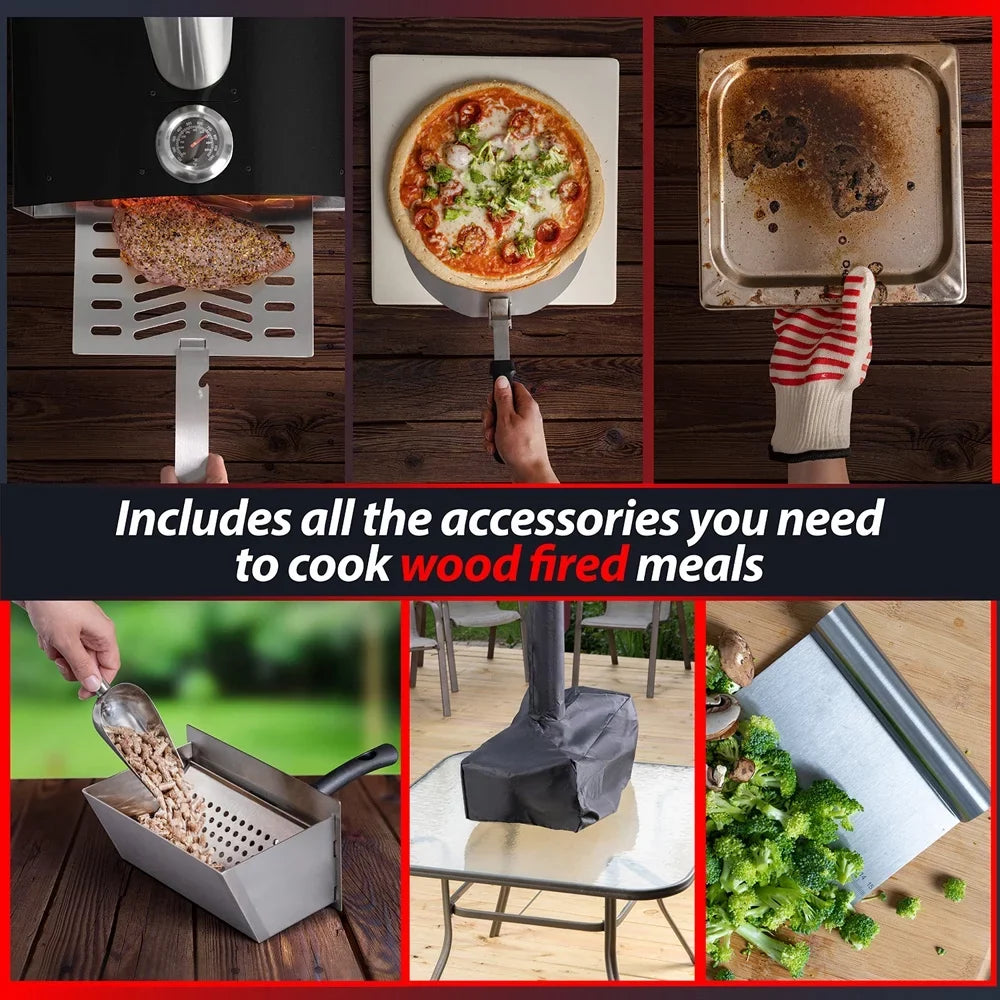 Open Box Deco Chef Outdoor Pizza Oven with 2-in-1 Pizza and Grill Oven Functionality, 13" Pizza Stone, 3-Layer Stainless Steel Construction, Pizza Peel, Dough Scraper, Scoop, Slotted Grill (Black)
