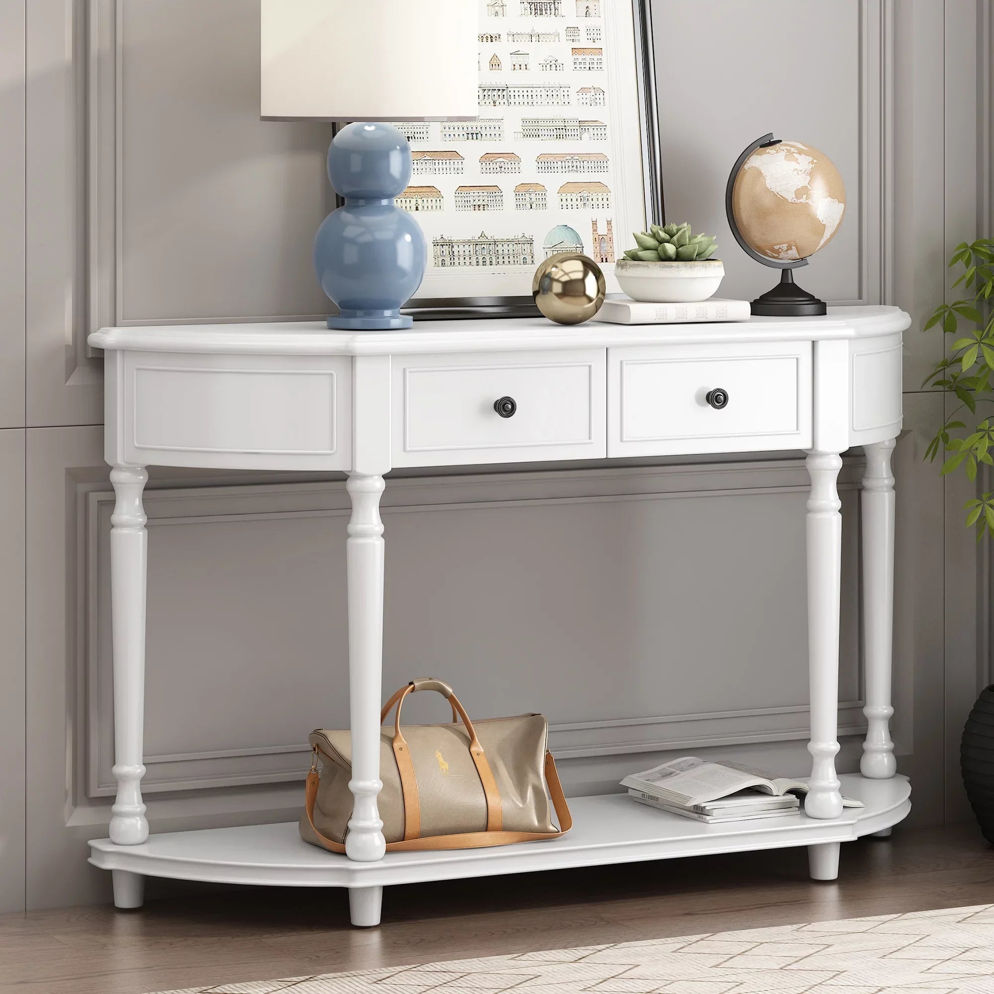 Retro Circular Curved Design Console Table with Open Style Shelf Solid Wooden Frame and Legs Two Top Drawers (White, OLD SKU: WF298768AAK)