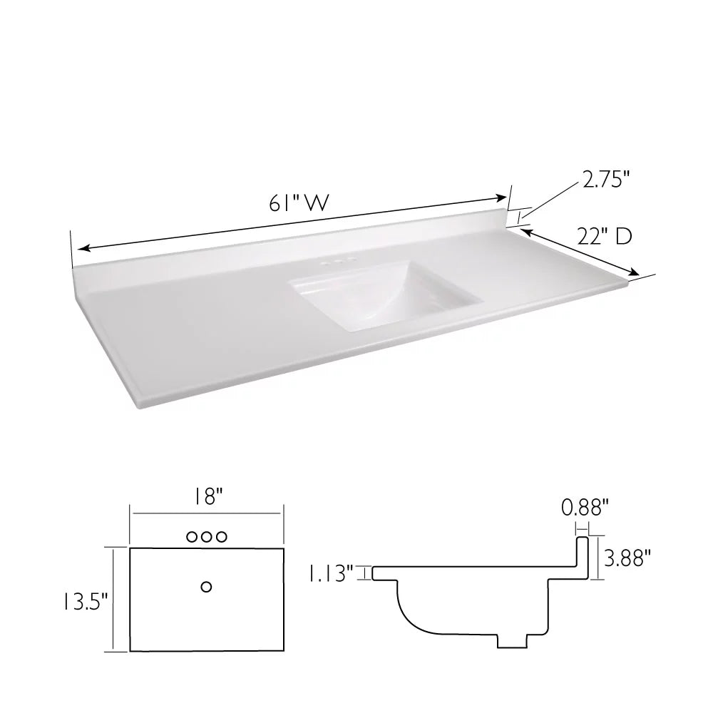 Design House 557660-WHT 61-inch Camilla Cultured Marble Centerset Mount Rectangle Single Bow Vanity Top with Integrated Backsplash, Solid White