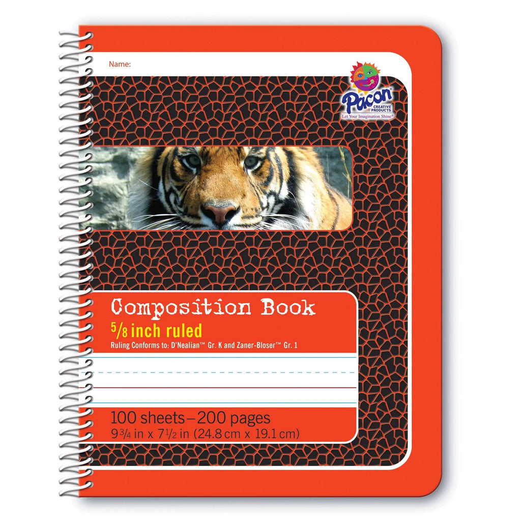 Primary Composition Book, 5/8" Ruled, Spiral Bound, Red/Tiger, 9.75" x 7.5", 200 Pages, Pack of 12